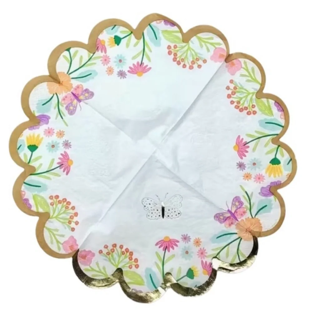 Floral and Butterfly Scalloped Gold Foil Luncheon Napkins, 20 ct